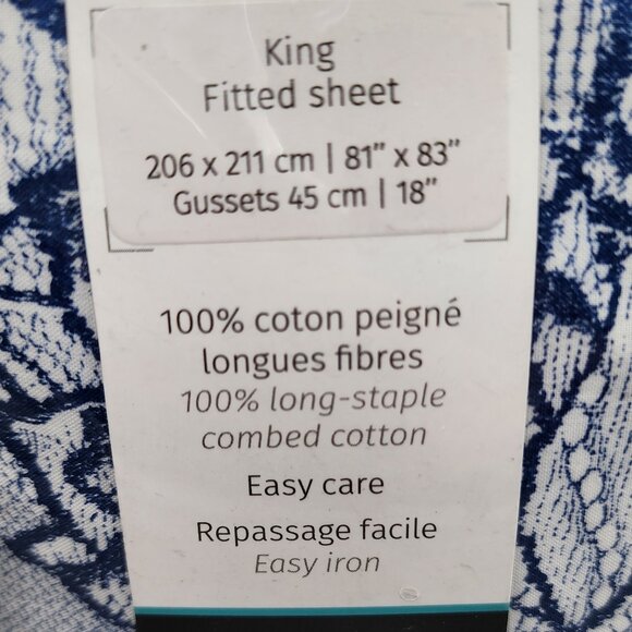 Anne De Soléne King Fitted Sheet GABRIELLE Cotton Pattern Blue White 81"x 83"x18 - Picture 2 of 7